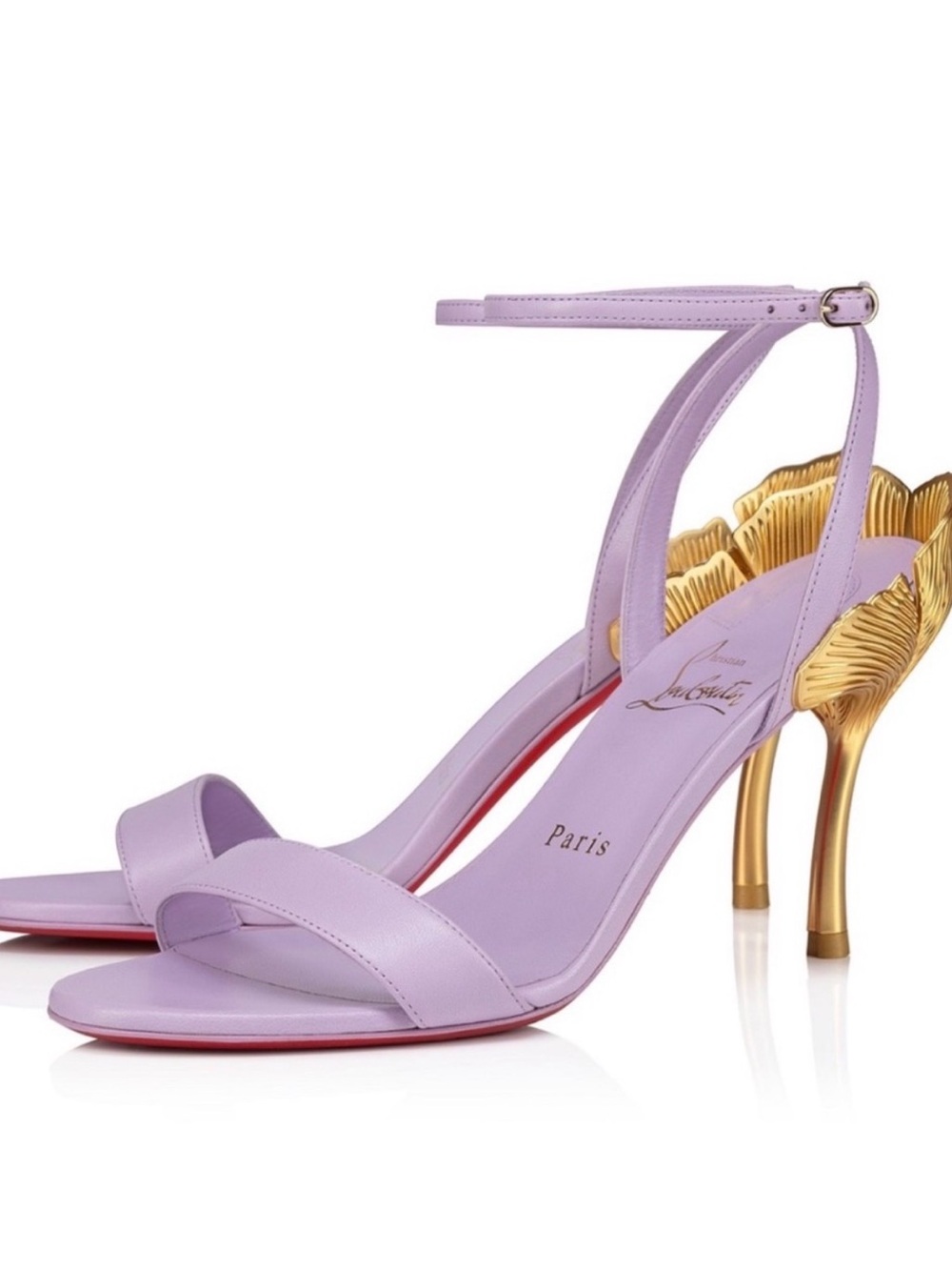 NEW Rare Christian Louboutin Lilac Ankle-Strap Sandals with Gold Sculpted Heel